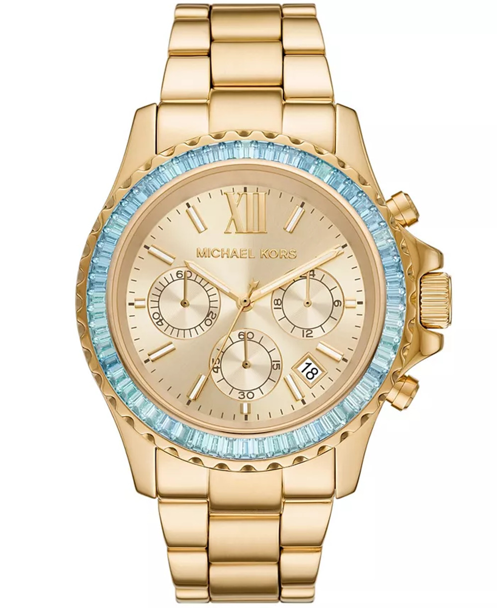 Michael Kors Everest Chronograph Gold Tone 42MM Turquoise Baguette Watch